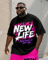 Men's Plus Size Flame Pink New LIFE Alphabet Print Round Neck Short Sleeve T-Shirt Shorts Suit